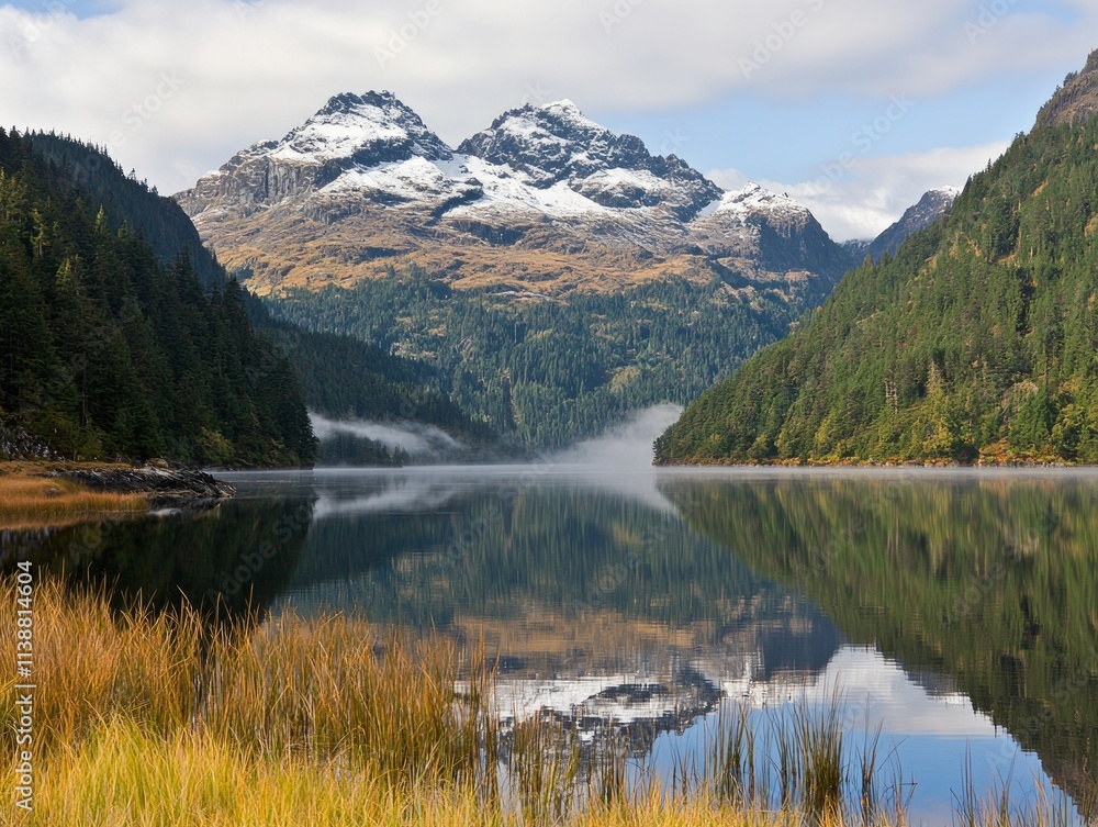Scenic mountain landscape with reflections in a serene lake. Scenic mountain landscape with reflections in a serene lake.