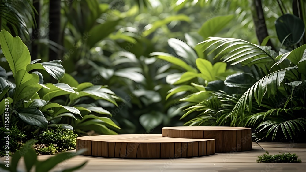 Wood tabletop podium floor in outdoors tropical garden forest blurred green leaf plant nature background. Wood tabletop podium floor in outdoors tropical garden forest blurred green leaf plant nature background.