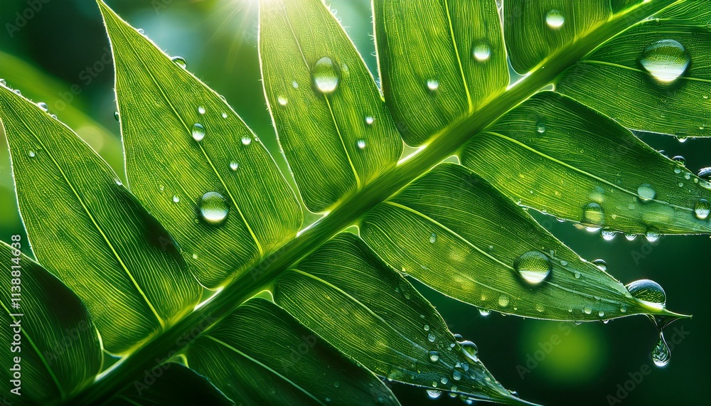 Green leaves splashed with dew drops, captured in macro photography. Green leaves splashed with dew drops, captured in macro photography.