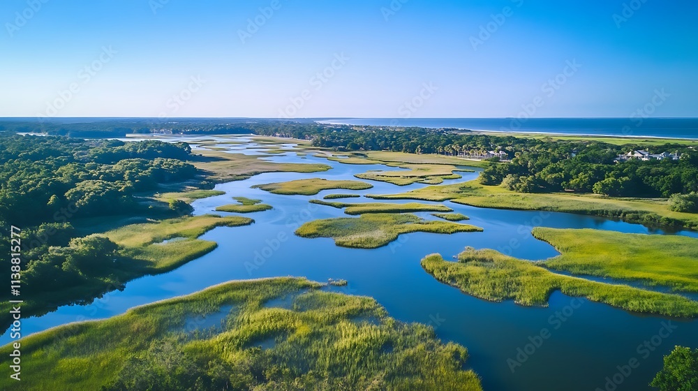 Aerial view of a tranquil coastal marsh. Scenic landscape with waterways and lush greenery. Aerial view of a tranquil coastal marsh. Scenic landscape with waterways and lush greenery.