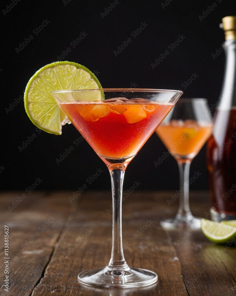 Copas de cóctel rojo y anaranjado junto a una botella sobre una vieja mesa de madera Copas de cóctel rojo y anaranjado junto a una botella sobre una vieja mesa de madera