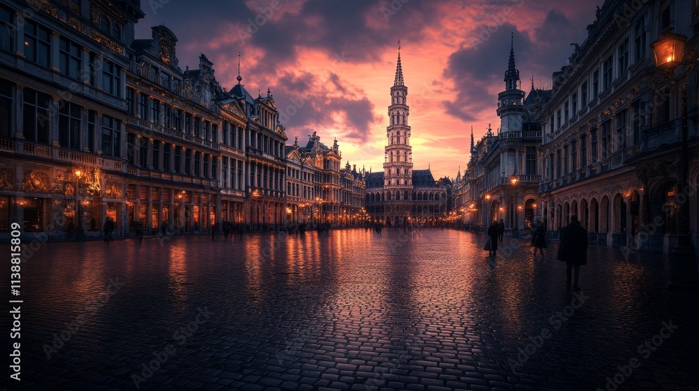 Fototapeta premium Brussels, Belgium at Grand Place with the Town Hall tower at blue hour.