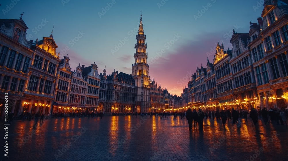 Fototapeta premium Brussels, Belgium at Grand Place with the Town Hall tower at blue hour.