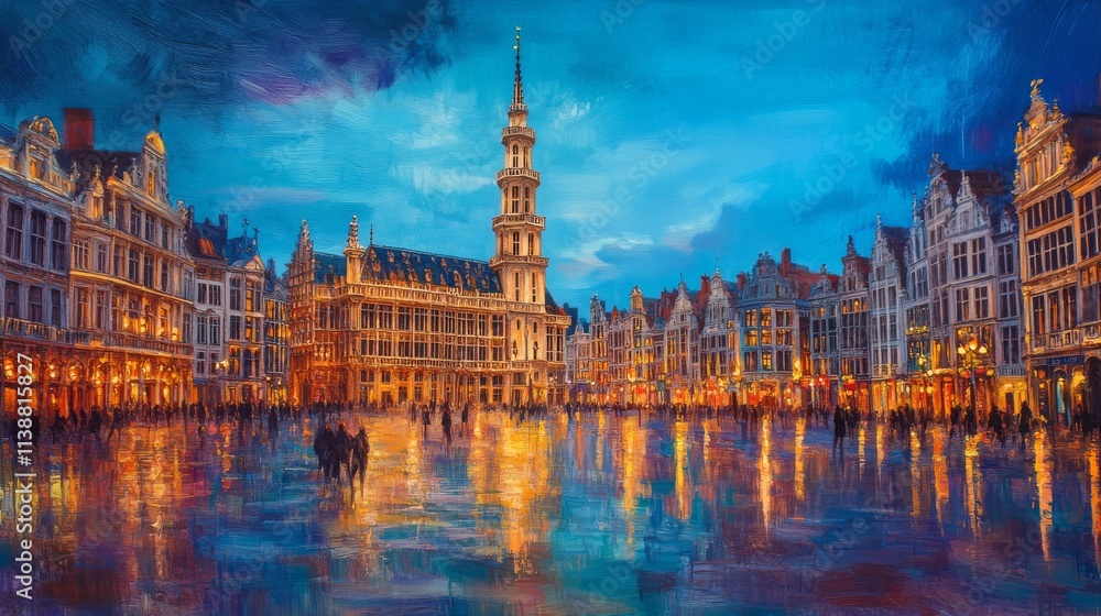 Fototapeta premium Brussels, Belgium at Grand Place with the Town Hall tower at blue hour.