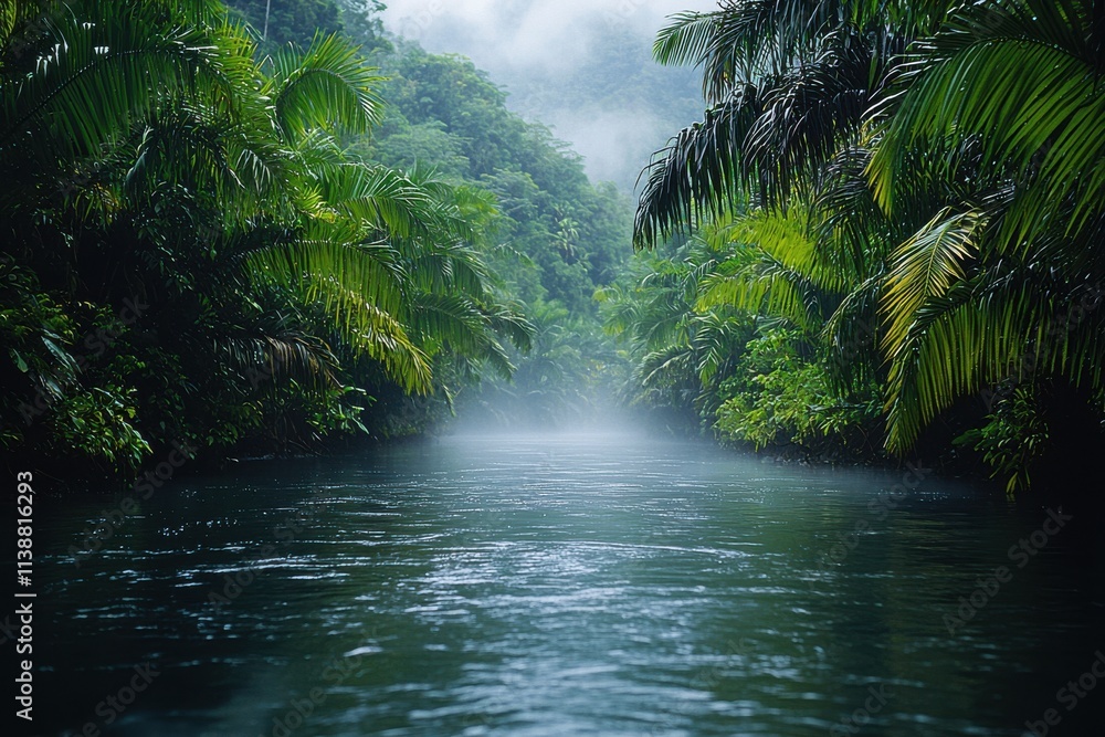 Lush tropical river winding through dense rainforest in misty weather during early morning hours. Generative AI