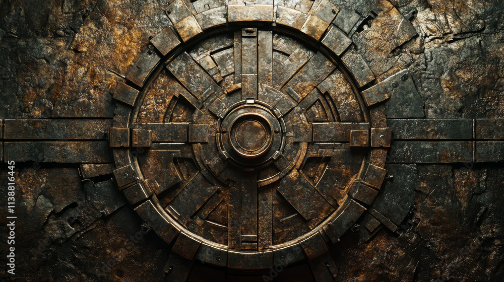 Obraz premium Steampunk Metal Texture: Rusted Circular Design, Intricate Details, Background