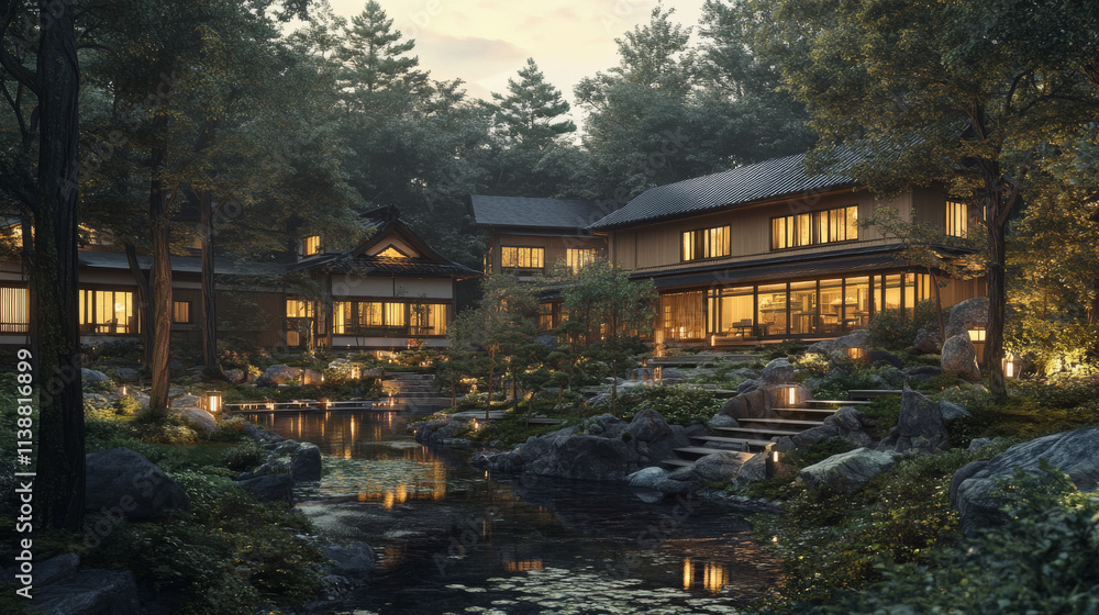 Fototapeta premium Japanese Forest Farmstay: Tranquil Asian Architecture, Dreamy Lighting, Serene Pond