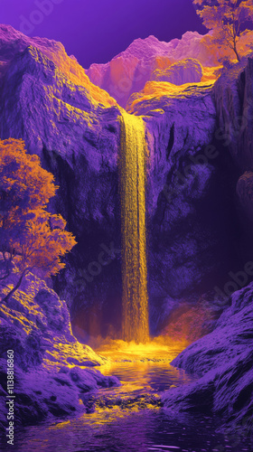 Terraformed Jupiter Waterfall, Purple and Yellow Hues, Art Nouveau, Alien Landscape, Digital Art