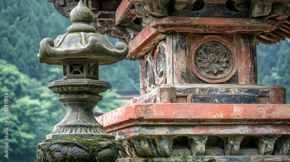 Obraz premium Ancient Japanese Temple Stone Lantern and Carvings