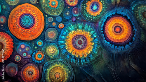 Surrealistic Coccolith Diversity: Vivid Colors, Celestial Background