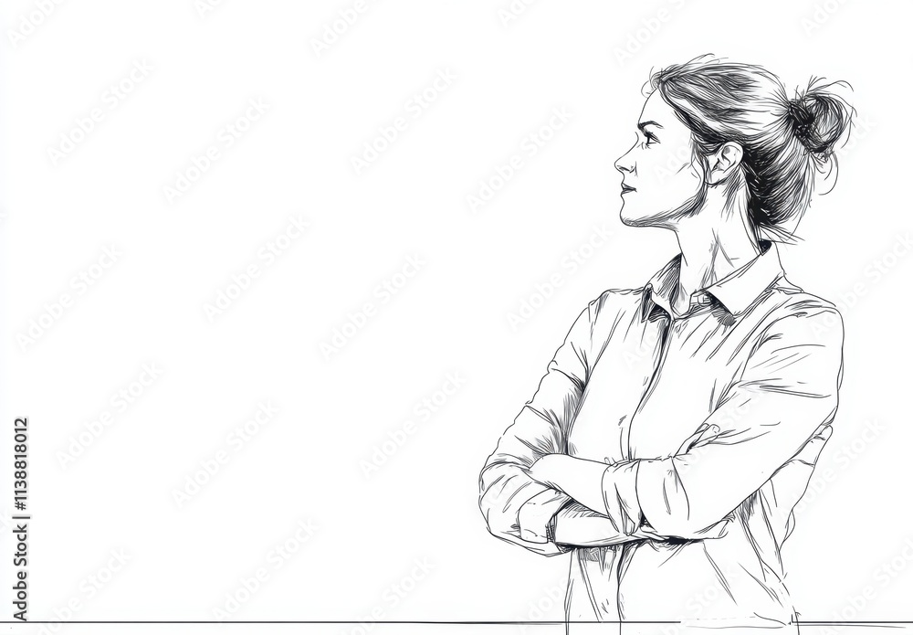 One-line drawing style: a business woman standing with crossed arms on a table, against a white background Generative AI One-line drawing style: a business woman standing with crossed arms on a table, against a white background Generative AI