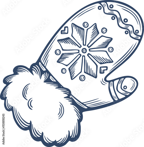 Winter glove mittens warm wooly engraving hand drawn illustration black white isolated vintage line art sketch silhouette graphic style poster label web