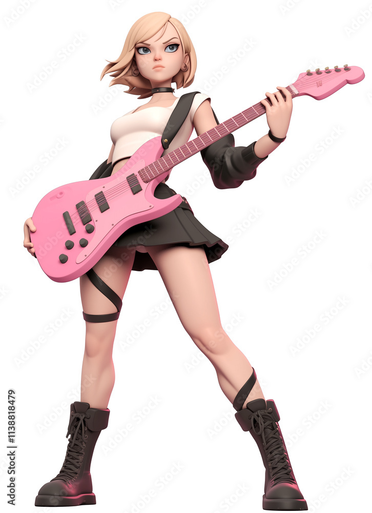 3D cartoon female musician with pink electric guitar stands confidently 3D cartoon female musician with pink electric guitar stands confidently