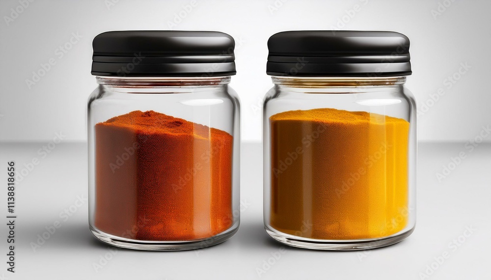 Two glass jars with black lids hold vibrant red and yellow powders. Two glass jars with black lids hold vibrant red and yellow powders.