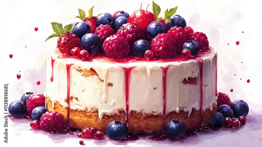 Delicious and Colorful Berry Cake with Cream Topping Garnished with Fresh Raspberries and Blueberries, Perfect for Celebrations and Dessert Lovers Alike Delicious and Colorful Berry Cake with Cream Topping Garnished with Fresh Raspberries and Blueberries, Perfect for Celebrations and Dessert Lovers Alike