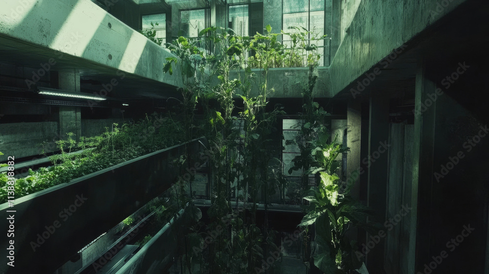 Vertical Farm in Concrete Architecture: Lush Greenery, Cinematic Style Vertical Farm in Concrete Architecture: Lush Greenery, Cinematic Style