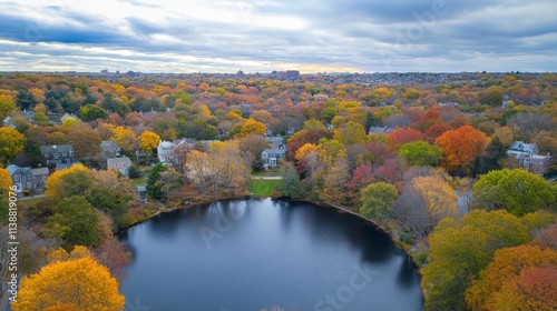 Aerial view of colorful autumn foliage and trees in a beautiful forest, West Roxbury, United States. photo