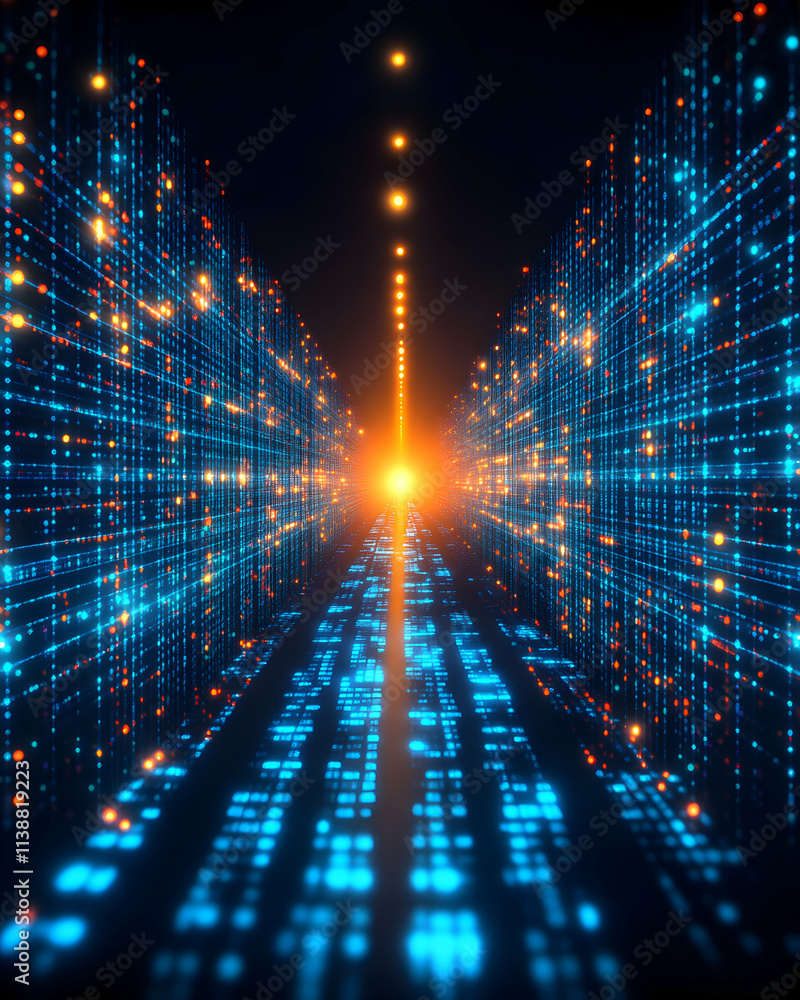 Futuristic digital data highway, glowing blue and orange network path, abstract technology background. Futuristic digital data highway, glowing blue and orange network path, abstract technology background.