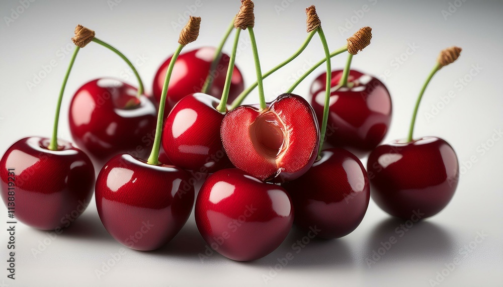 A pile of ripe, red cherries, one halved, showing their juicy insides. A pile of ripe, red cherries, one halved, showing their juicy insides.