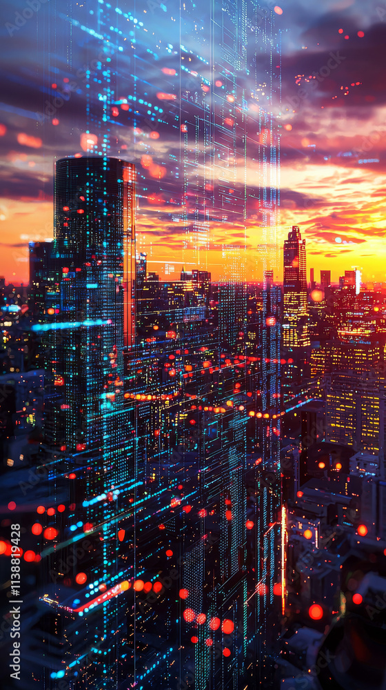 Fototapeta premium Futuristic Cityscape Sunset: Quantum Data Hologram