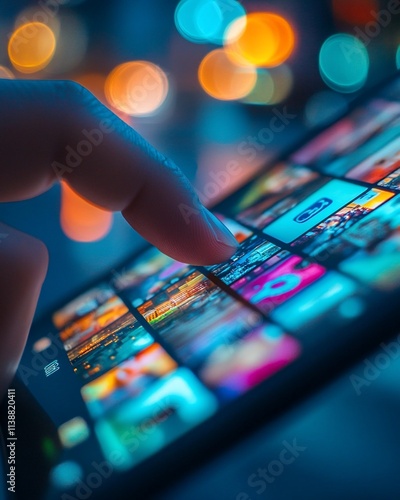 Finger scrolling through colorful photos on a smartphone screen at night.