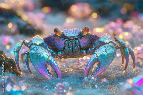 Iridescent Crab Alien on Crystal Beach: 3D Render photo