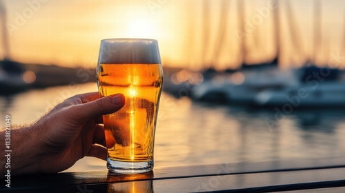 A glass of beer glows warmly in the sunset, inviting a moment of reflection and enjoyment near a serene dockside vista. photo