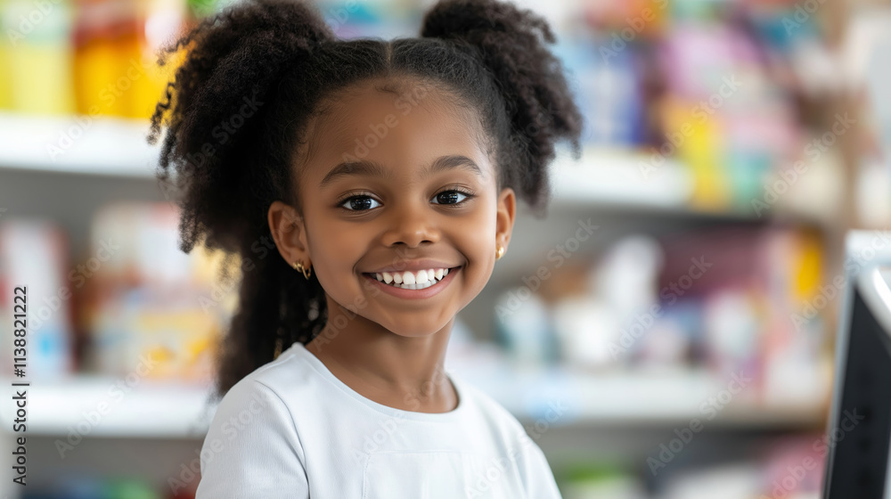 Happy african girl smiling brightly in a pharmacy or toy store, exuding joy and innocence in a close-up portrait Happy african girl smiling brightly in a pharmacy or toy store, exuding joy and innocence in a close-up portrait