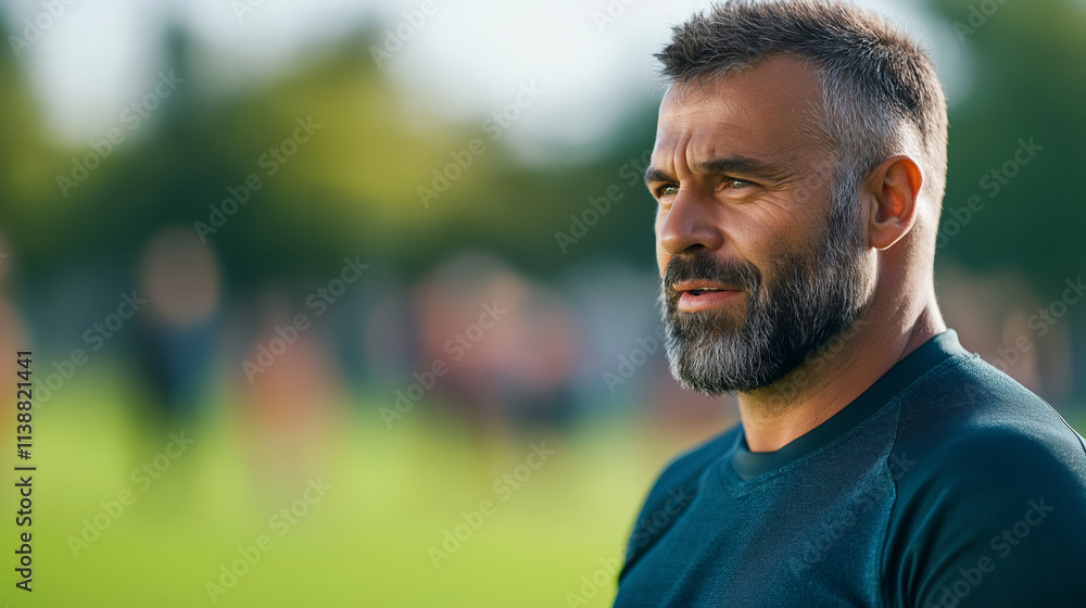 Experienced male rugby coach with a grey beard inspiring his team during a match break, cultivating teamwork and resilience on the field Experienced male rugby coach with a grey beard inspiring his team during a match break, cultivating teamwork and resilience on the field