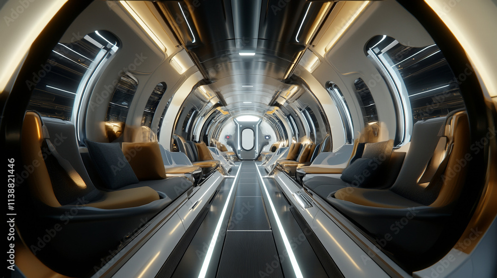 Naklejka premium Futuristic Train Interior, Hyperloop, Transportation, Futuristic Design, Sci-Fi