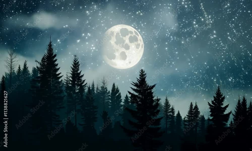 A serene night scene with a large moon over silhouetted trees. A serene night scene with a large moon over silhouetted trees.