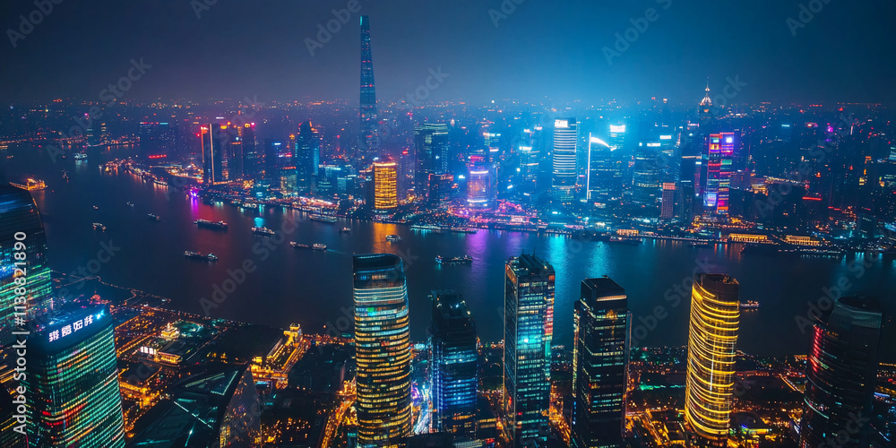 Fototapeta premium Vibrant city skyline illuminated at night with reflections on water in a bustling urban landscape