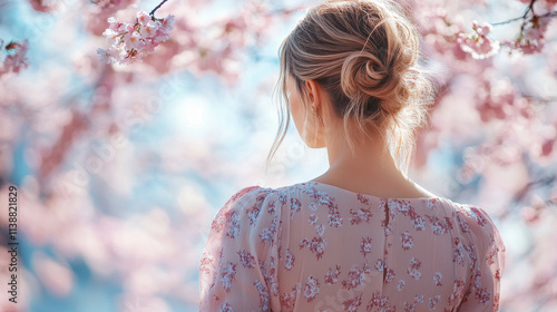 Woman in Floral Dress Under Cherry Blossoms: Springtime Serenity