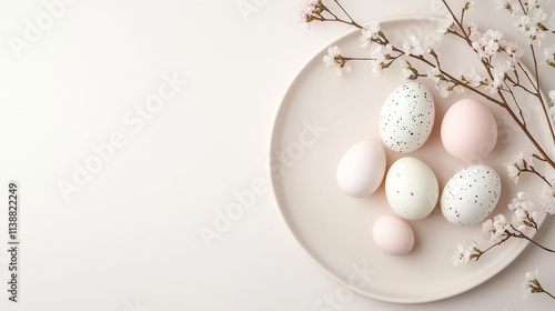 Pastel-colored eggs in varying sizes sit gracefully on a pale plate, accented by delicate cherry blossoms in soft light