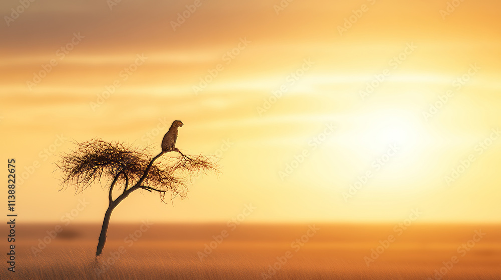 Fototapeta premium Leopard resting on a branch in the african savanna at sunrise, casting a serene and majestic silhouette