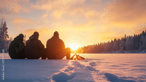 Hunters sitting by a campfire, warming themselves in a stunning winter landscape as the sun sets, casting an orange glow over the snow photo