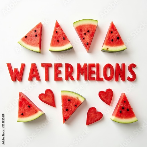 Love watermelons shaped and textured word. White background. Text arrangement for promotion of food concept. photo