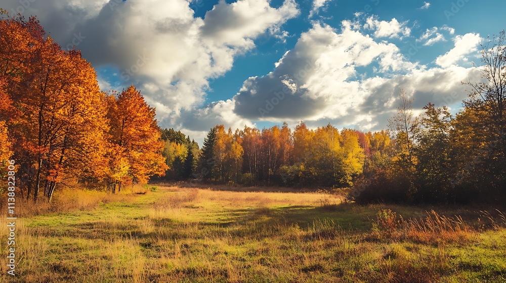 Fototapeta premium Autumn Forest Landscape. Colorful Fall Trees and Meadow. Scenic Nature.