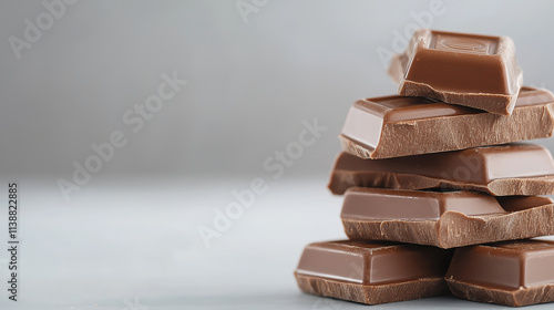 Milk chocolate bars stacked in a pyramid shape on a simple gray background create a tempting image for chocolate lovers photo