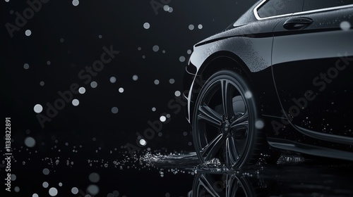 A black car is driving through a puddle of water. The water is splashing up around the car, creating a sense of motion and energy. The image conveys a feeling of excitement and adventure