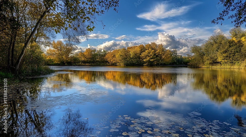Autumn Pond Reflection, Calm Nature Scene Autumn Pond Reflection, Calm Nature Scene