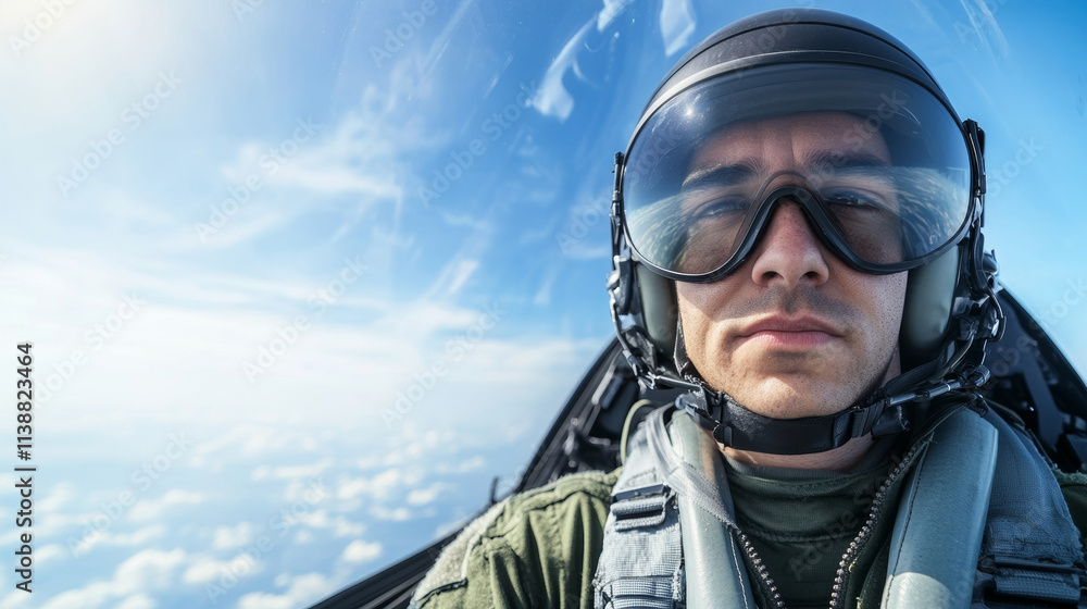 Pilot in cockpit of military aircraft adjusting helmet visor with clear blue sky in background Pilot in cockpit of military aircraft adjusting helmet visor with clear blue sky in background