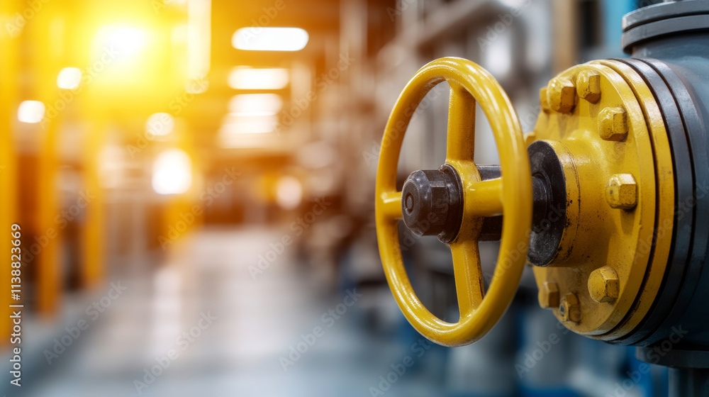 Obraz premium Yellow manual industrial valve regulating flow in a complex network of pipes within a petrochemical plant, ensuring safe and efficient operations