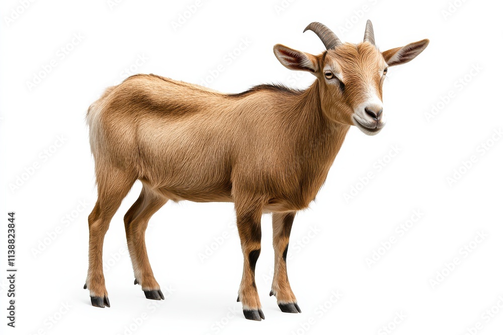 A young, light brown goat stands against a white background. A young, light brown goat stands against a white background.