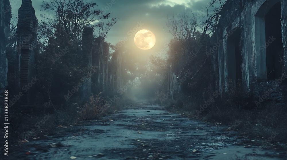 Abandoned Path Under Full Moon, Spooky, Mysterious, and Haunted Abandoned Path Under Full Moon, Spooky, Mysterious, and Haunted