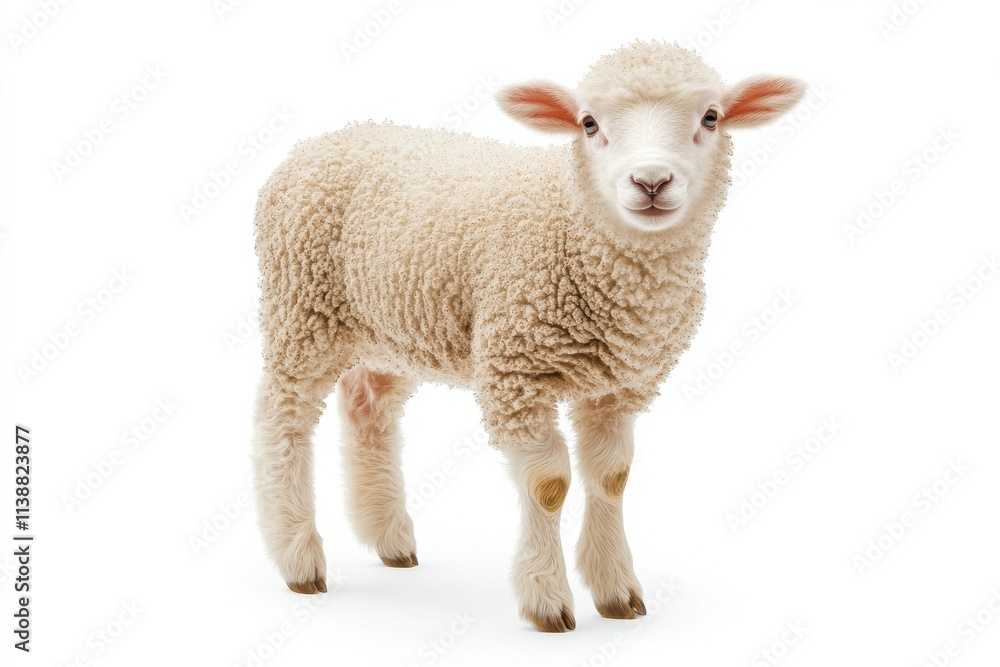 Fototapeta premium Adorable young lamb standing on white background.