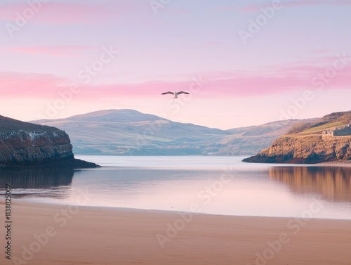 Serene coastal landscape at dawn with gentle hills and a flying bird.