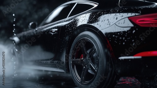 Wallpaper Mural A black car is shown with a lot of water on it. The car is driving on a wet road Torontodigital.ca