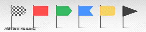 Different color flag set. Sport and race flags. Map marks for gps point. Winner and trophy sign. Vector icons collection