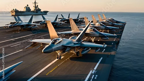 Fighter Jets Lined Up on Aircraft Carrier Deck at Sea During Golden Hour with Calm Ocean Background

 photo